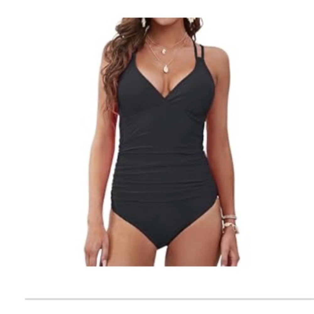 Classic Black One-Piece Swimsuit with Ruching and Adjustable Straps